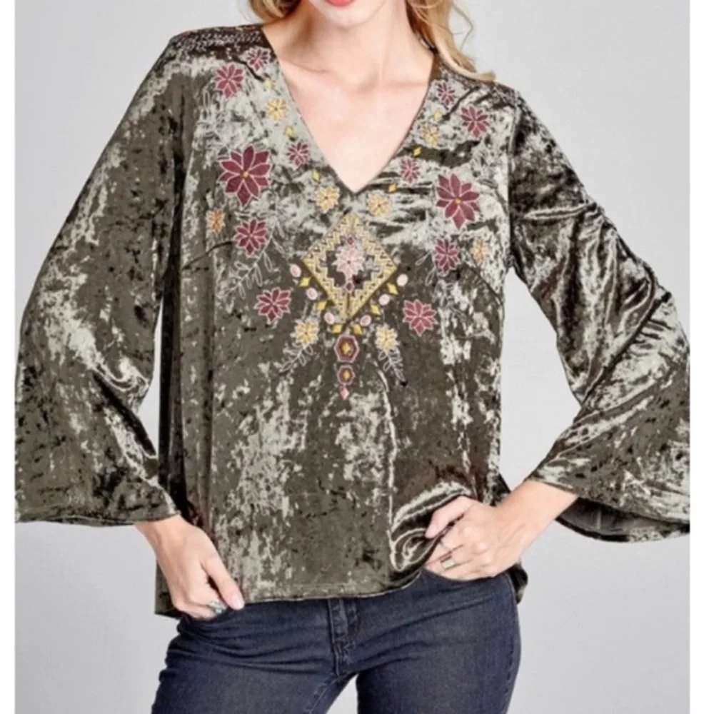 NWT BOHO green vintage crushed velvet embroidered top small medium large new